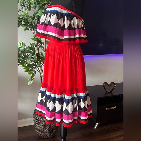 kate spade new york, Geo Border Pleated Dress, Red Strapless size 4 - Picture 4 of 8